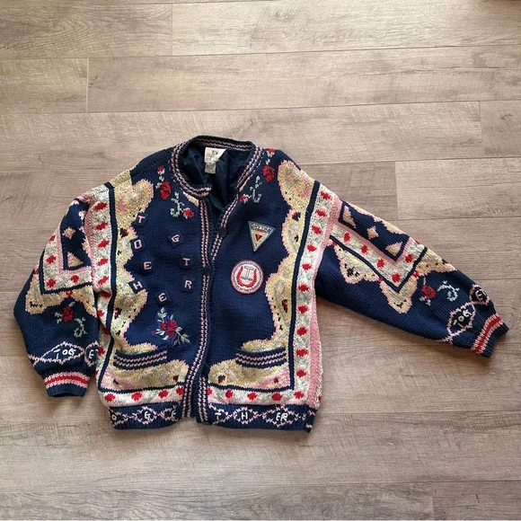 90s Together! Sweater Blue Yellow Knit Embroidered Button Up Cardigan - Picture 5 of 14